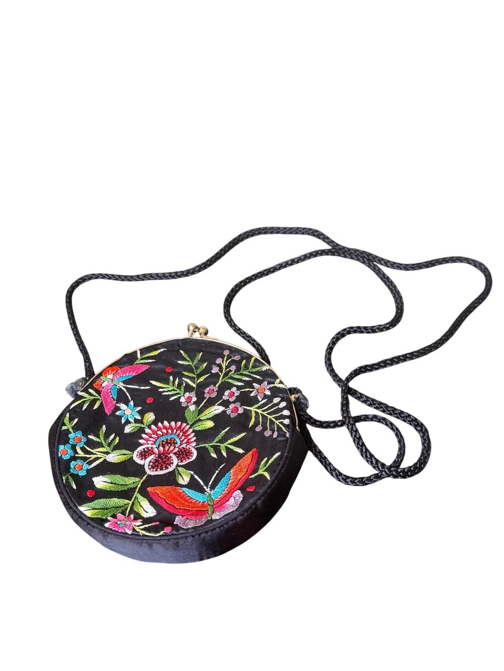 Vintage Butterfly Floral Embroidered Round Kiss Lock Evening Bag Purse